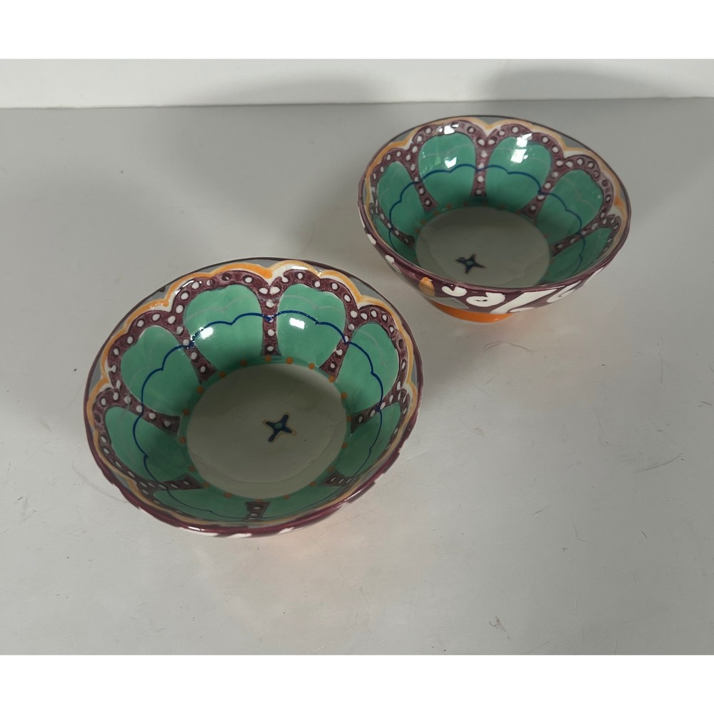 Anthropologie Bird Logo Footed Bowls Set of 2 Bohemian Teal Burgundy Ceramic